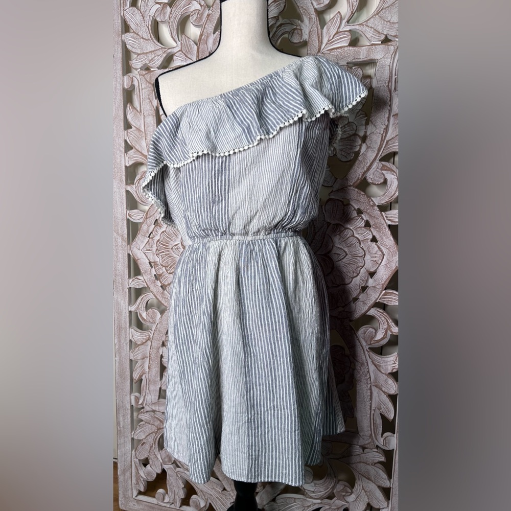 NWT American Eagle One Shoulder Gray Striped Lined Dress Sz L